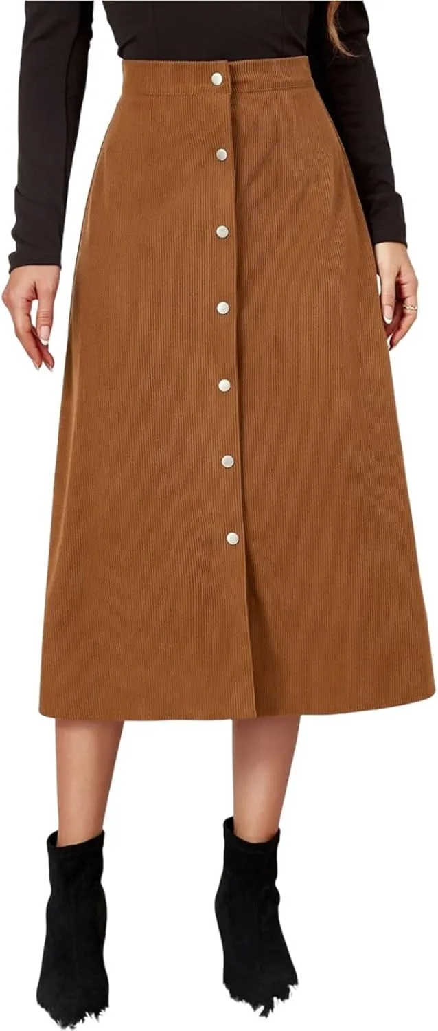 COTECRAM Corduroy Skirt Women Trendy Fall Winter High Waist Button Down A-Line Midi Skirts Dressy Casual Work Office Dresses