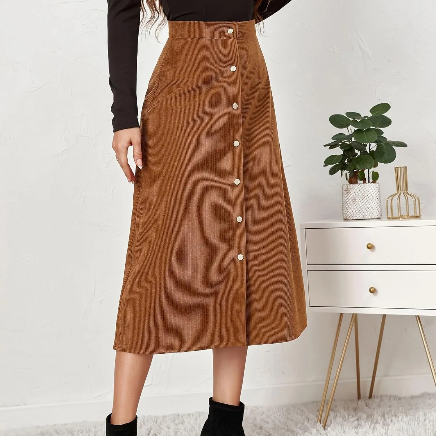 COTECRAM Corduroy Skirt Women Trendy Fall Winter High Waist Button Down A-Line Midi Skirts Dressy Casual Work Office Dresses