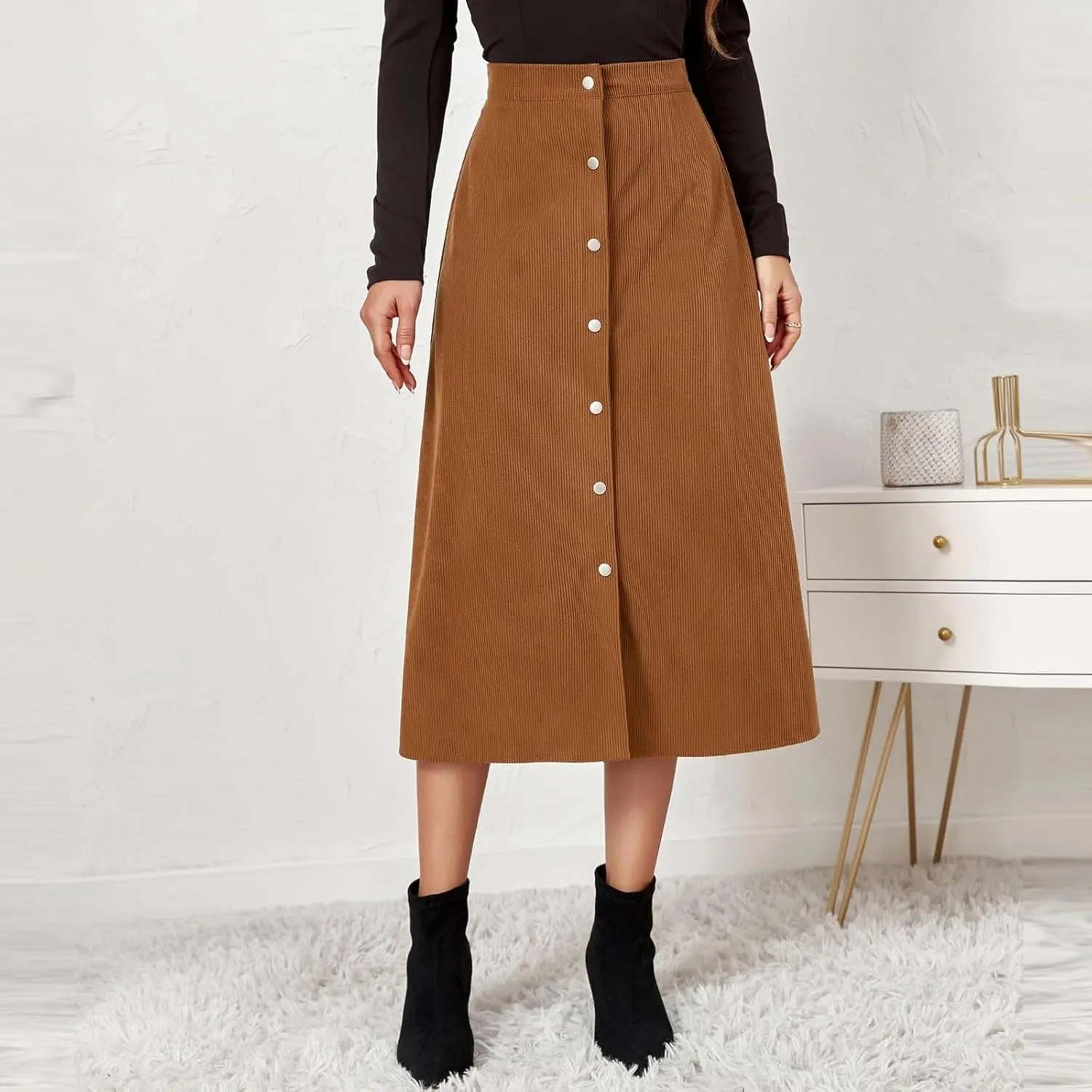 COTECRAM Corduroy Skirt Women Trendy Fall Winter High Waist Button Down A-Line Midi Skirts Dressy Casual Work Office Dresses
