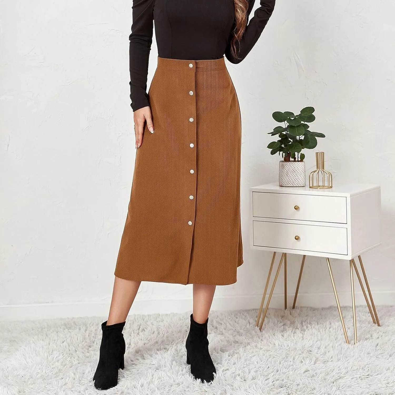 COTECRAM Corduroy Skirt Women Trendy Fall Winter High Waist Button Down A-Line Midi Skirts Dressy Casual Work Office Dresses