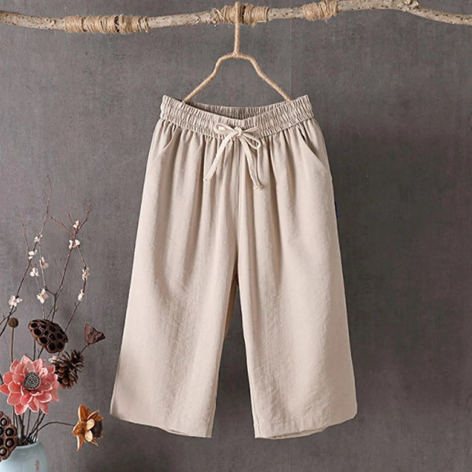 Cotton Linen Capri Pants for Women Casual Summer Capris Elastic High Waist Pants Wide Leg Cropped Trousers