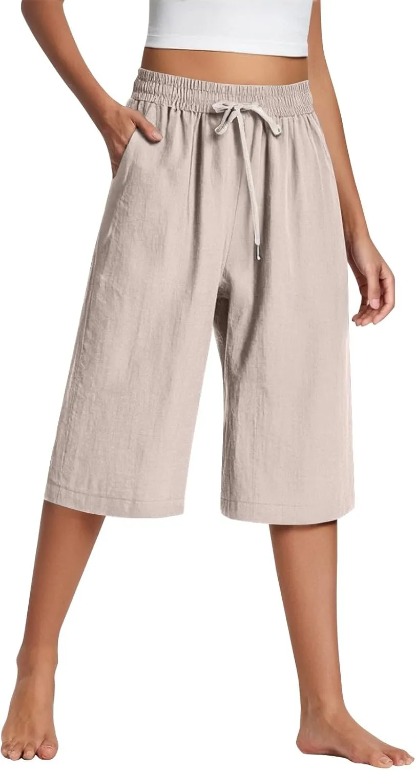 Cotton Linen Capri Pants for Women Casual Summer Capris Elastic High Waist Pants Wide Leg Cropped Trousers