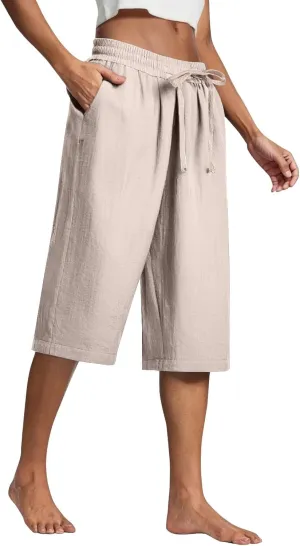 Cotton Linen Capri Pants for Women Casual Summer Capris Elastic High Waist Pants Wide Leg Cropped Trousers