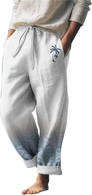 Cotton Linen Pants for Mens Lightweight Drawstring Regular Fit Trousers Casual Summer Breathable Straight Leg Cropped Pants
