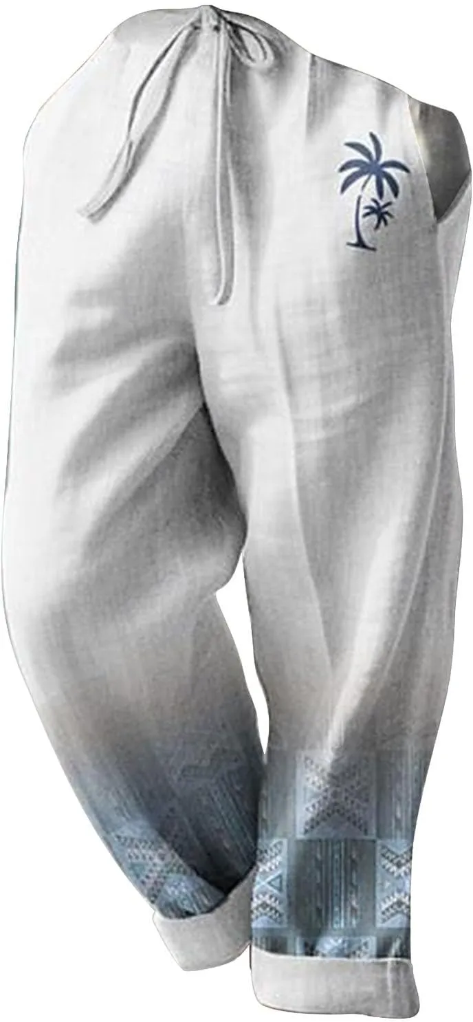 Cotton Linen Pants for Mens Lightweight Drawstring Regular Fit Trousers Casual Summer Breathable Straight Leg Cropped Pants