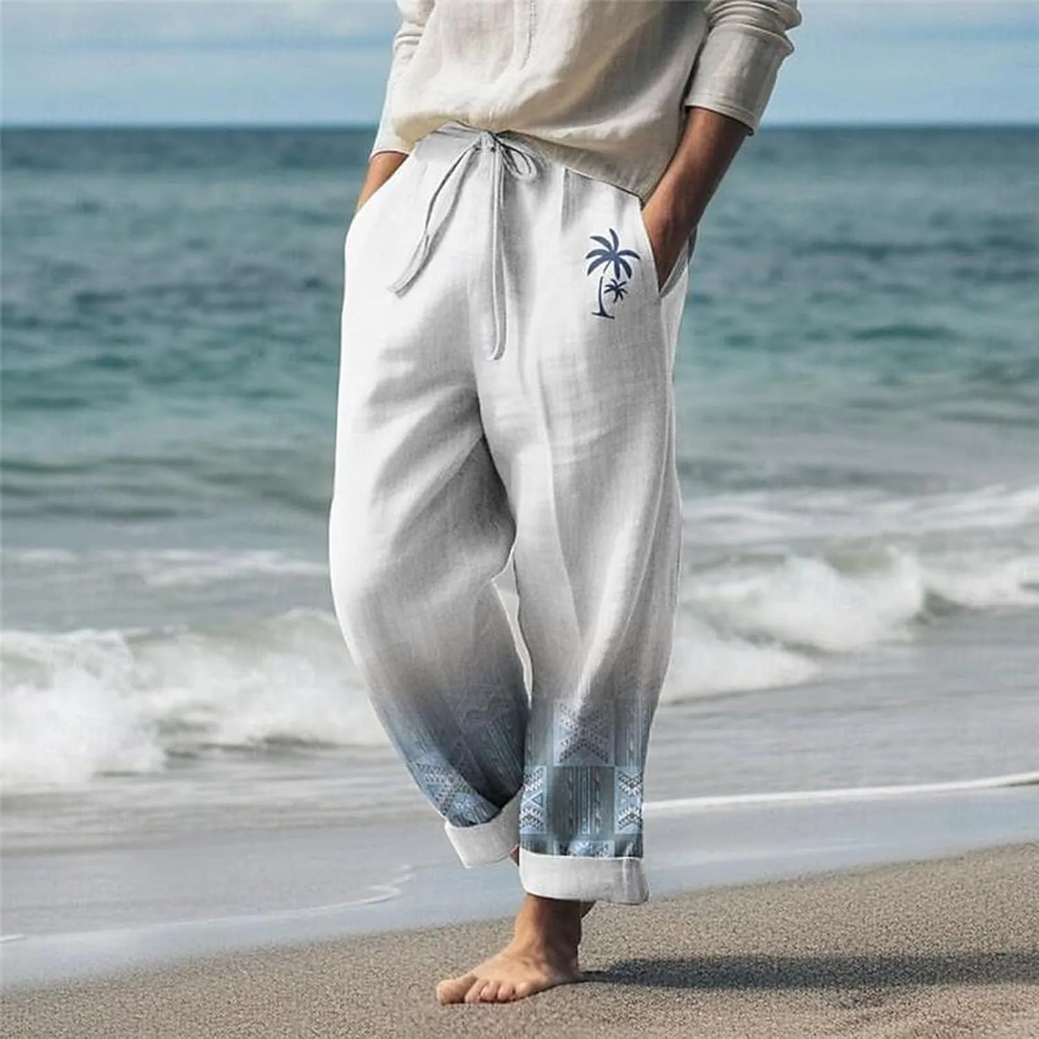 Cotton Linen Pants for Mens Lightweight Drawstring Regular Fit Trousers Casual Summer Breathable Straight Leg Cropped Pants