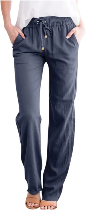 Cotton Linen Pants for Women Straight Leg Drawstring Long Trouser Loose Fit High Waist Beach Pants with Pockets