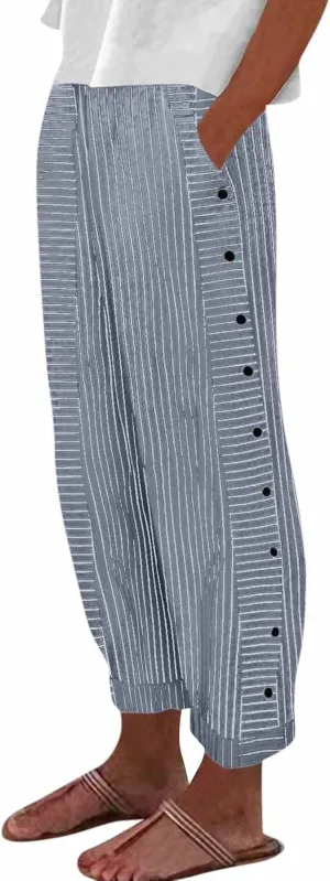 Cotton Linen Pants for Women Striped Print Side Button Pants Baggy Elastic Waist Straight Leg Trousers w Pocket
