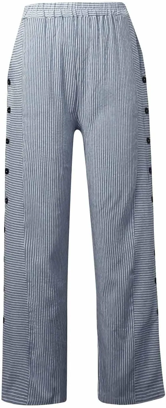 Cotton Linen Pants for Women Striped Print Side Button Pants Baggy Elastic Waist Straight Leg Trousers w Pocket