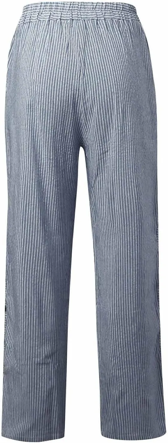 Cotton Linen Pants for Women Striped Print Side Button Pants Baggy Elastic Waist Straight Leg Trousers w Pocket