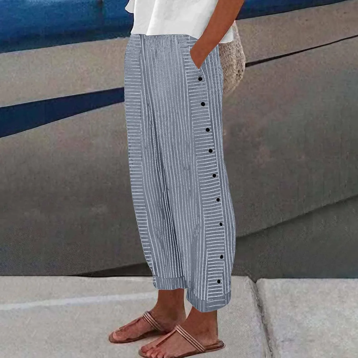 Cotton Linen Pants for Women Striped Print Side Button Pants Baggy Elastic Waist Straight Leg Trousers w Pocket
