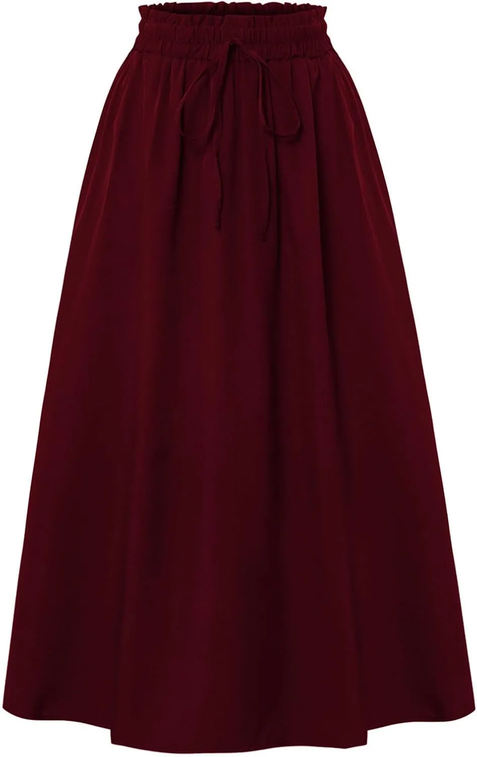 Cotton Linen Skirts for Women Midi Length Summer Drawstring Elastic Waist Smocked A-Line Skirt Knee Length with Pocket