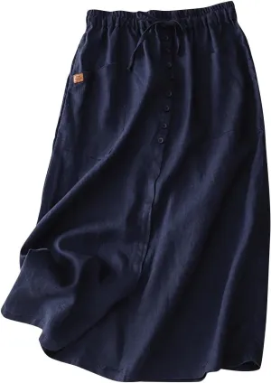 Cotton Linen Skirts for Women Spring Summer A Line Flowy Casual Drawstring High Waist Button Midi Skirt with Slit