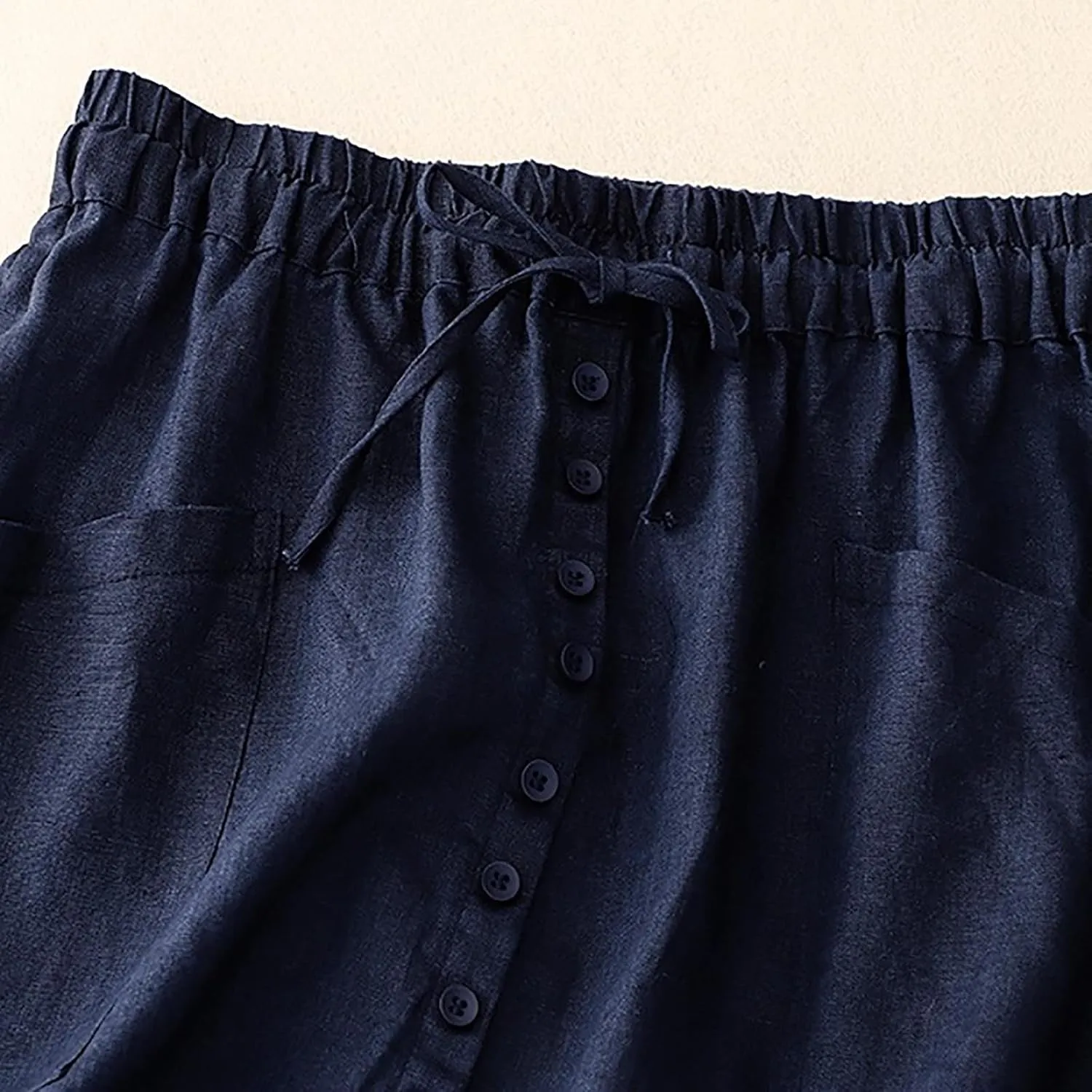 Cotton Linen Skirts for Women Spring Summer A Line Flowy Casual Drawstring High Waist Button Midi Skirt with Slit