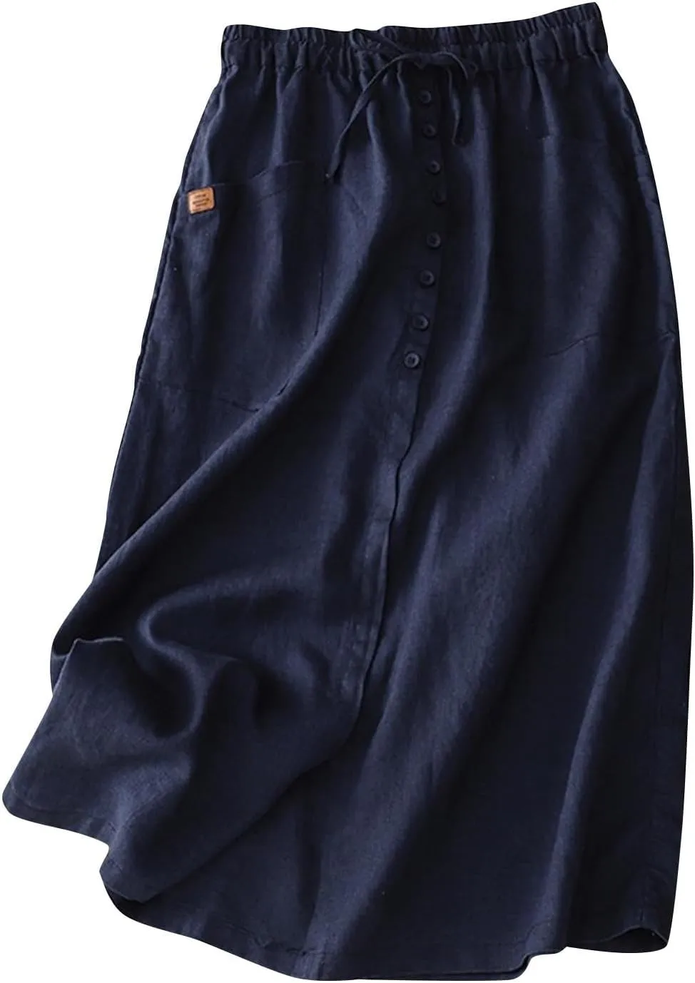 Cotton Linen Skirts for Women Spring Summer A Line Flowy Casual Drawstring High Waist Button Midi Skirt with Slit