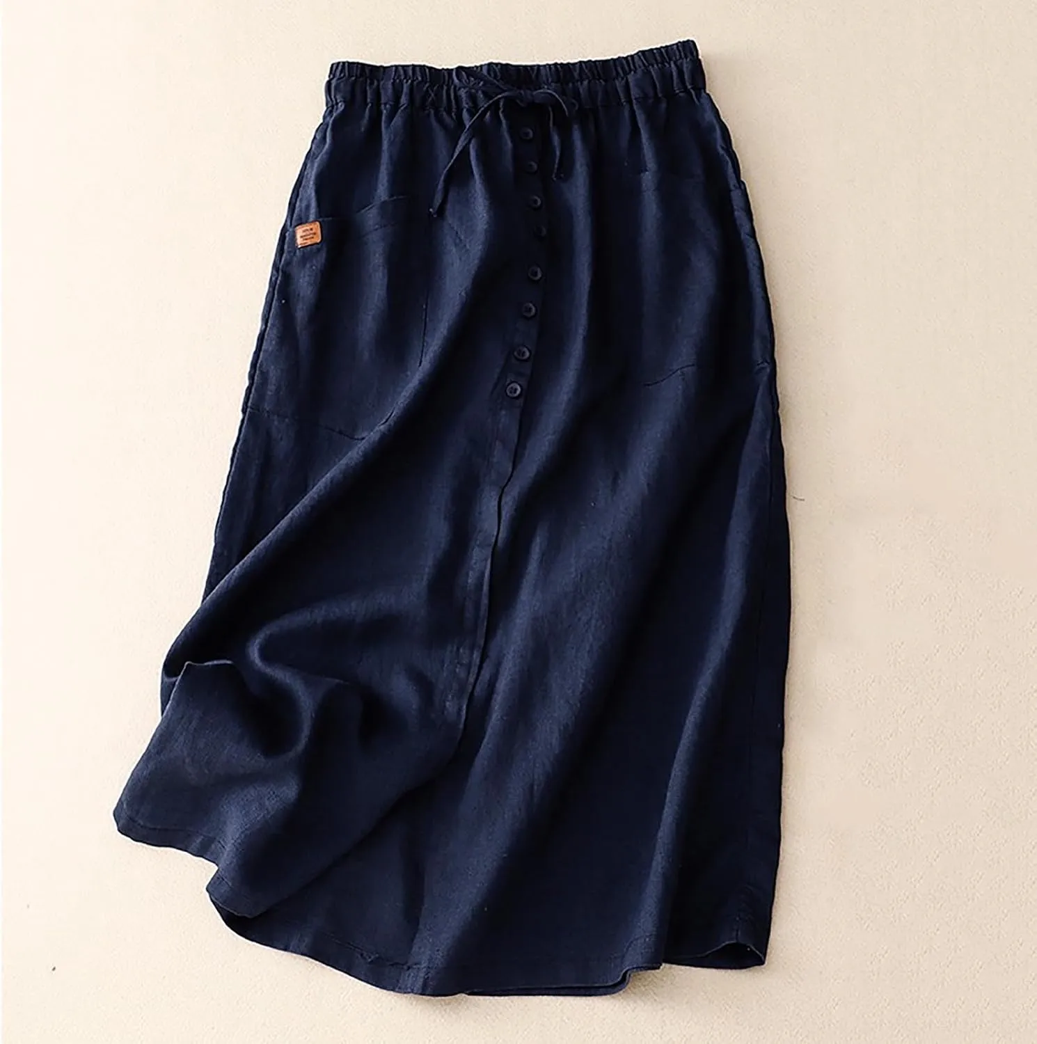 Cotton Linen Skirts for Women Spring Summer A Line Flowy Casual Drawstring High Waist Button Midi Skirt with Slit