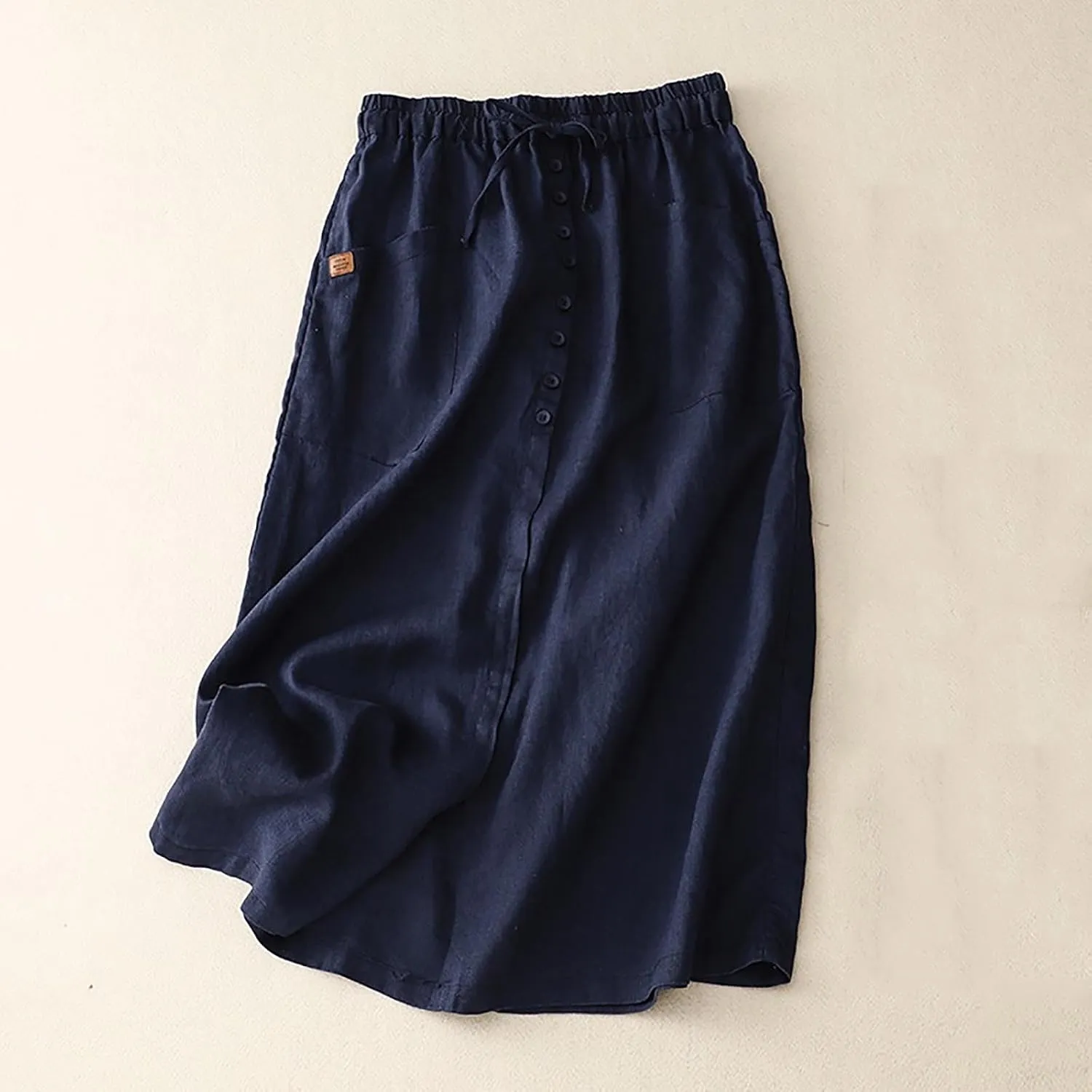 Cotton Linen Skirts for Women Spring Summer A Line Flowy Casual Drawstring High Waist Button Midi Skirt with Slit