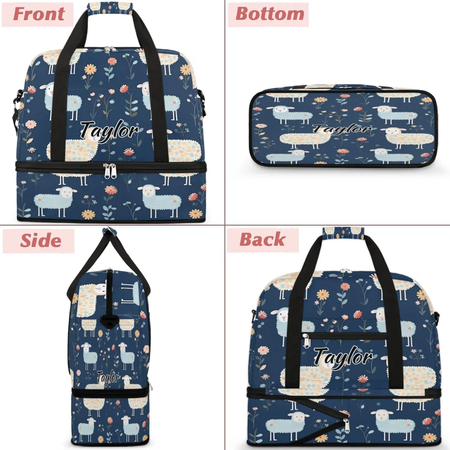 Customized Gym Bag for Women, Personalized Cute Sheep Travel Duffel Bag with Name, Cartoon Sheep Weekender Overnight Bag with Shoes Compartment for Men Travel Yoga