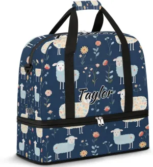 Customized Gym Bag for Women, Personalized Cute Sheep Travel Duffel Bag with Name, Cartoon Sheep Weekender Overnight Bag with Shoes Compartment for Men Travel Yoga