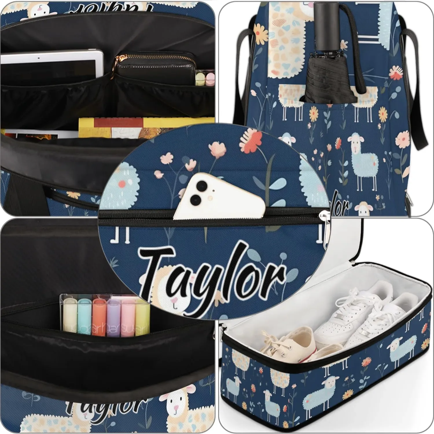 Customized Gym Bag for Women, Personalized Cute Sheep Travel Duffel Bag with Name, Cartoon Sheep Weekender Overnight Bag with Shoes Compartment for Men Travel Yoga