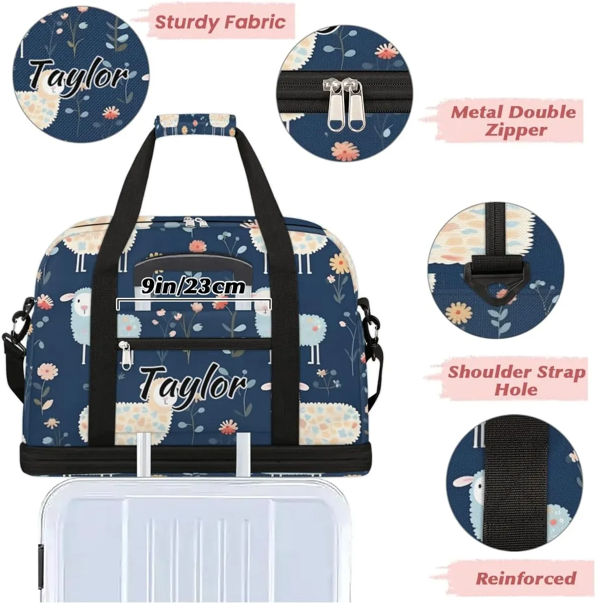 Customized Gym Bag for Women, Personalized Cute Sheep Travel Duffel Bag with Name, Cartoon Sheep Weekender Overnight Bag with Shoes Compartment for Men Travel Yoga