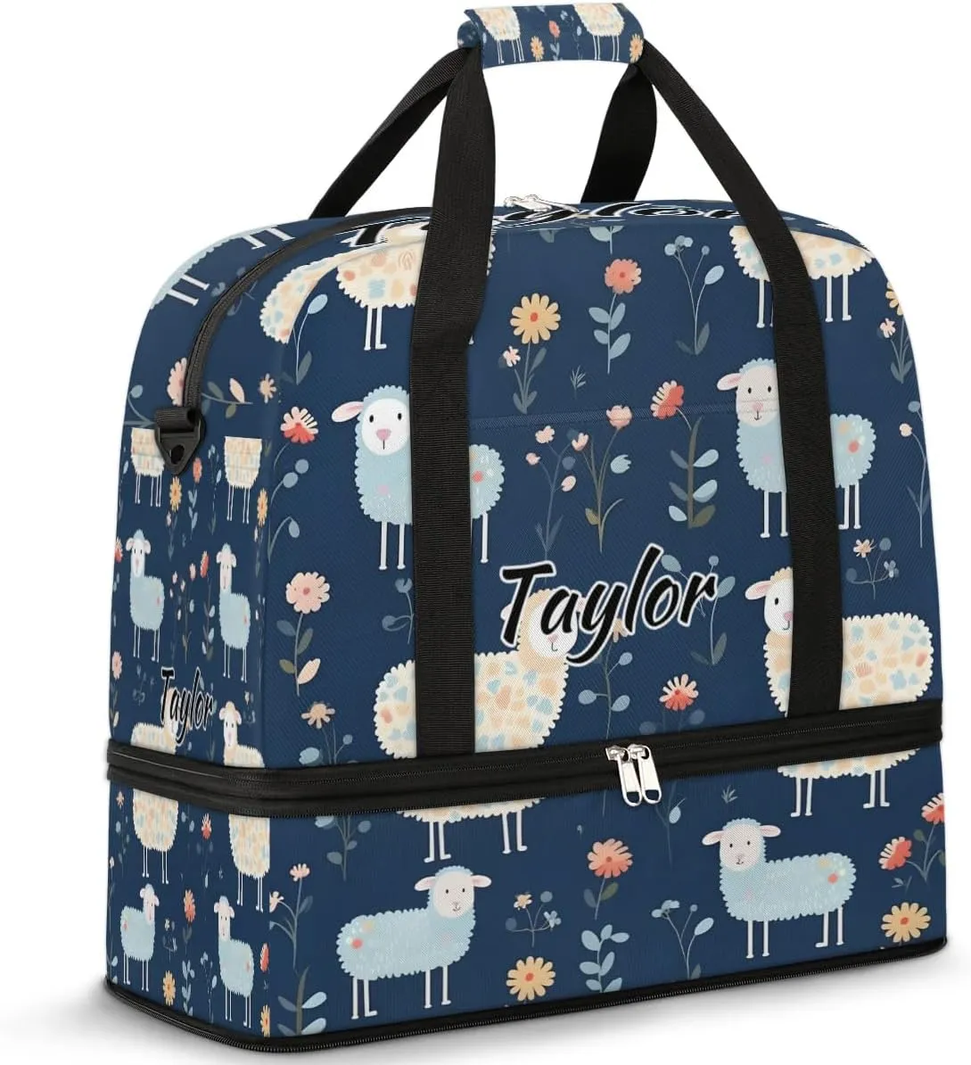 Customized Gym Bag for Women, Personalized Cute Sheep Travel Duffel Bag with Name, Cartoon Sheep Weekender Overnight Bag with Shoes Compartment for Men Travel Yoga