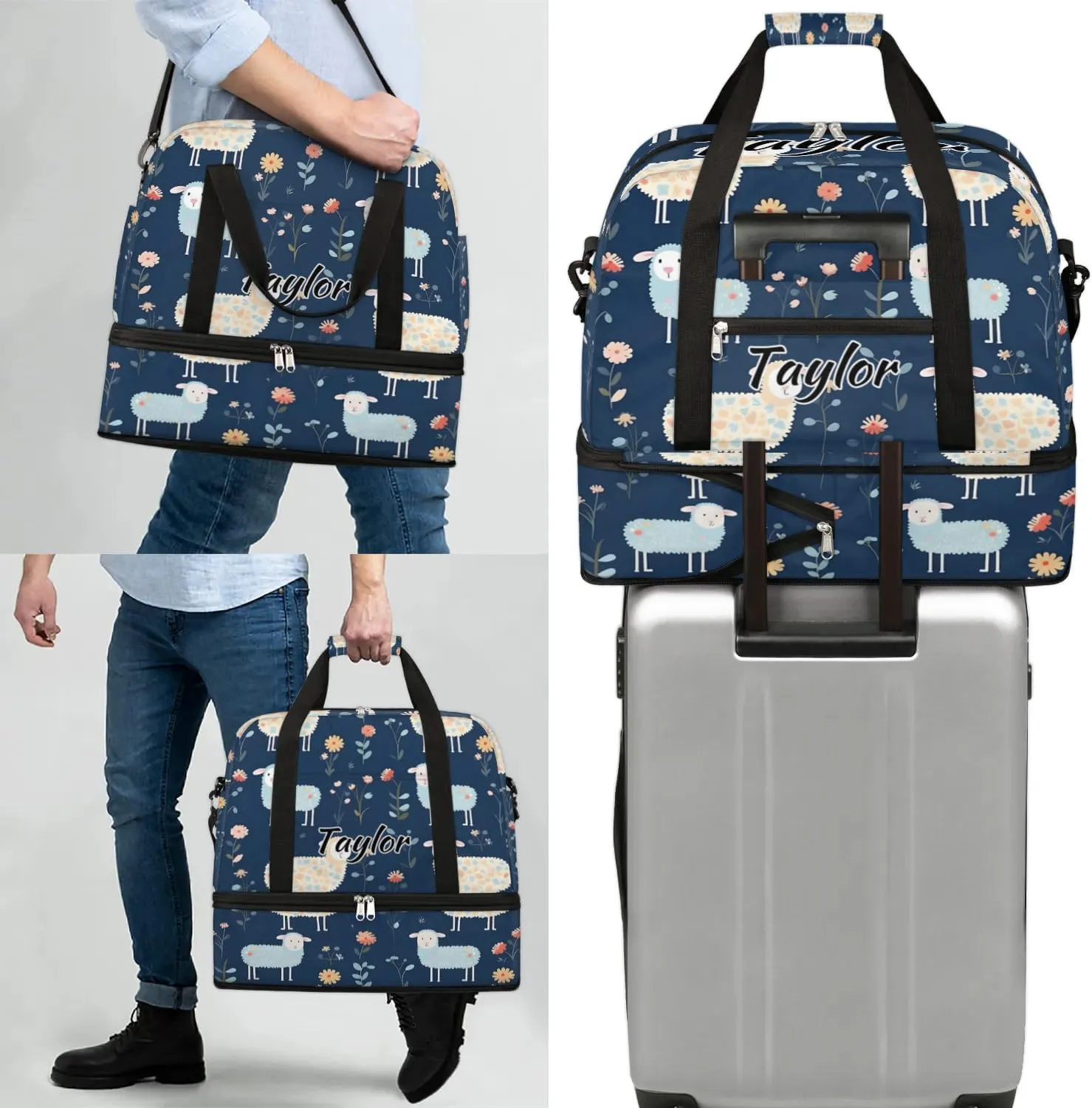 Customized Gym Bag for Women, Personalized Cute Sheep Travel Duffel Bag with Name, Cartoon Sheep Weekender Overnight Bag with Shoes Compartment for Men Travel Yoga