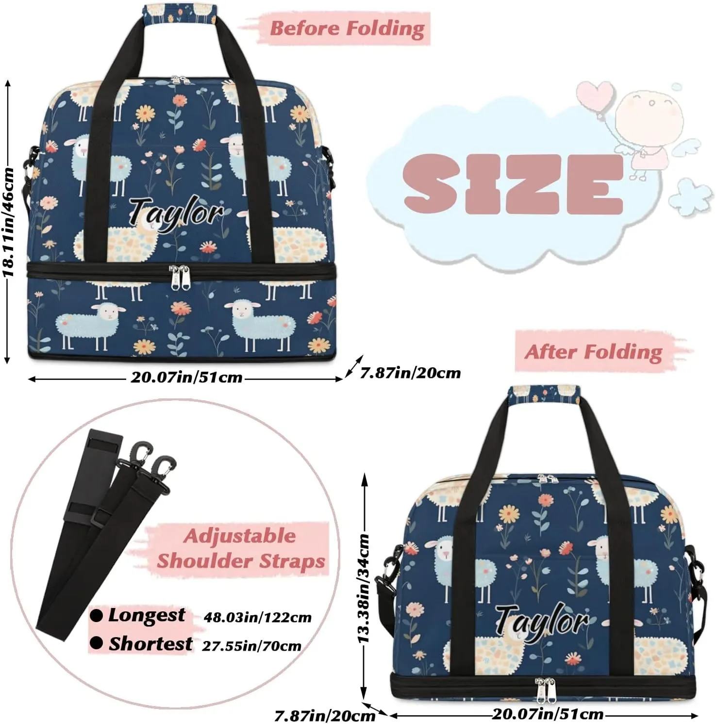 Customized Gym Bag for Women, Personalized Cute Sheep Travel Duffel Bag with Name, Cartoon Sheep Weekender Overnight Bag with Shoes Compartment for Men Travel Yoga