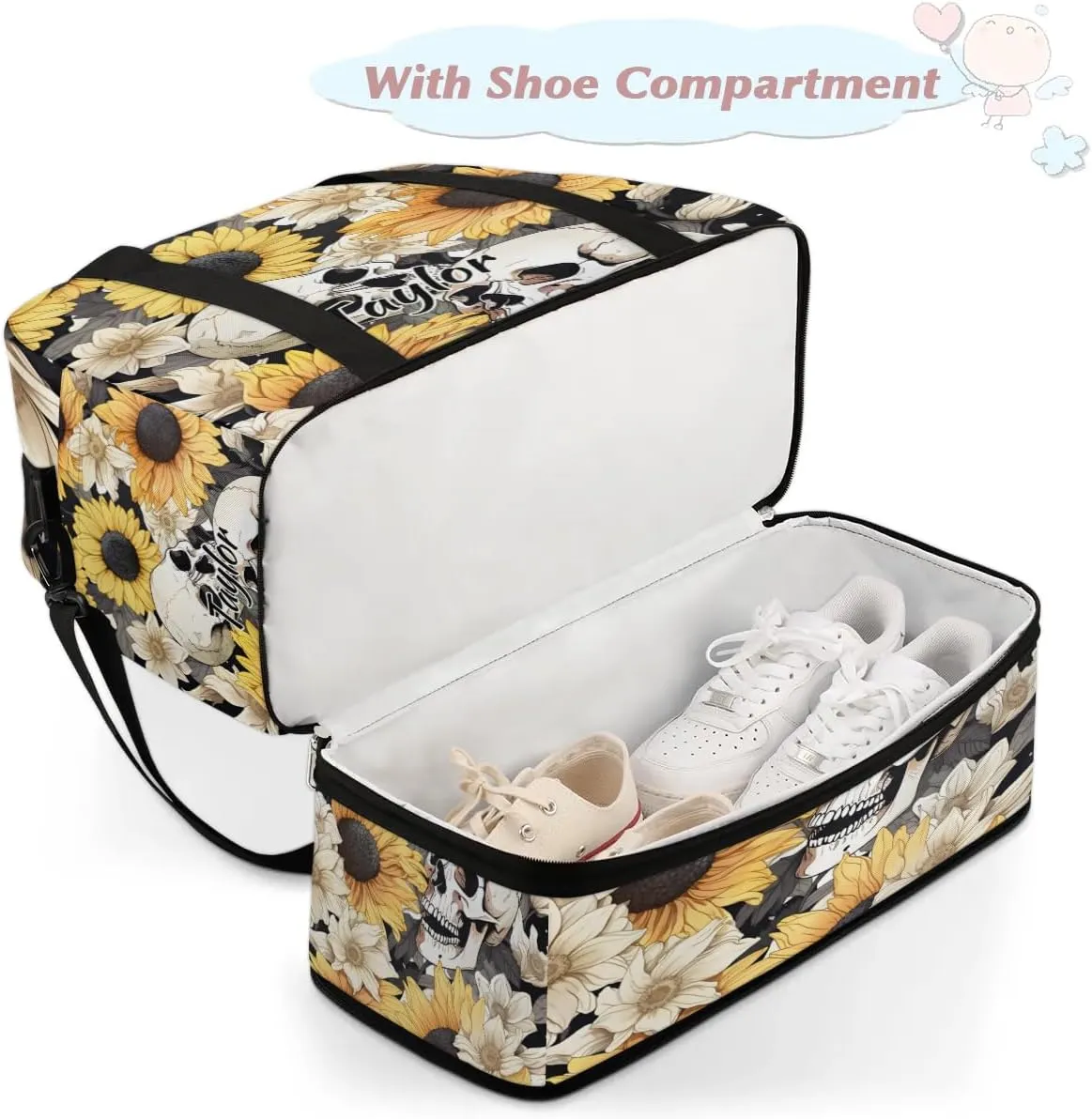Customized Gym Bag for Women, Personalized Skull Travel Duffel Bag with Name, Sunflower Weekender Overnight Bag with Shoes Compartment for Men Travel Yoga