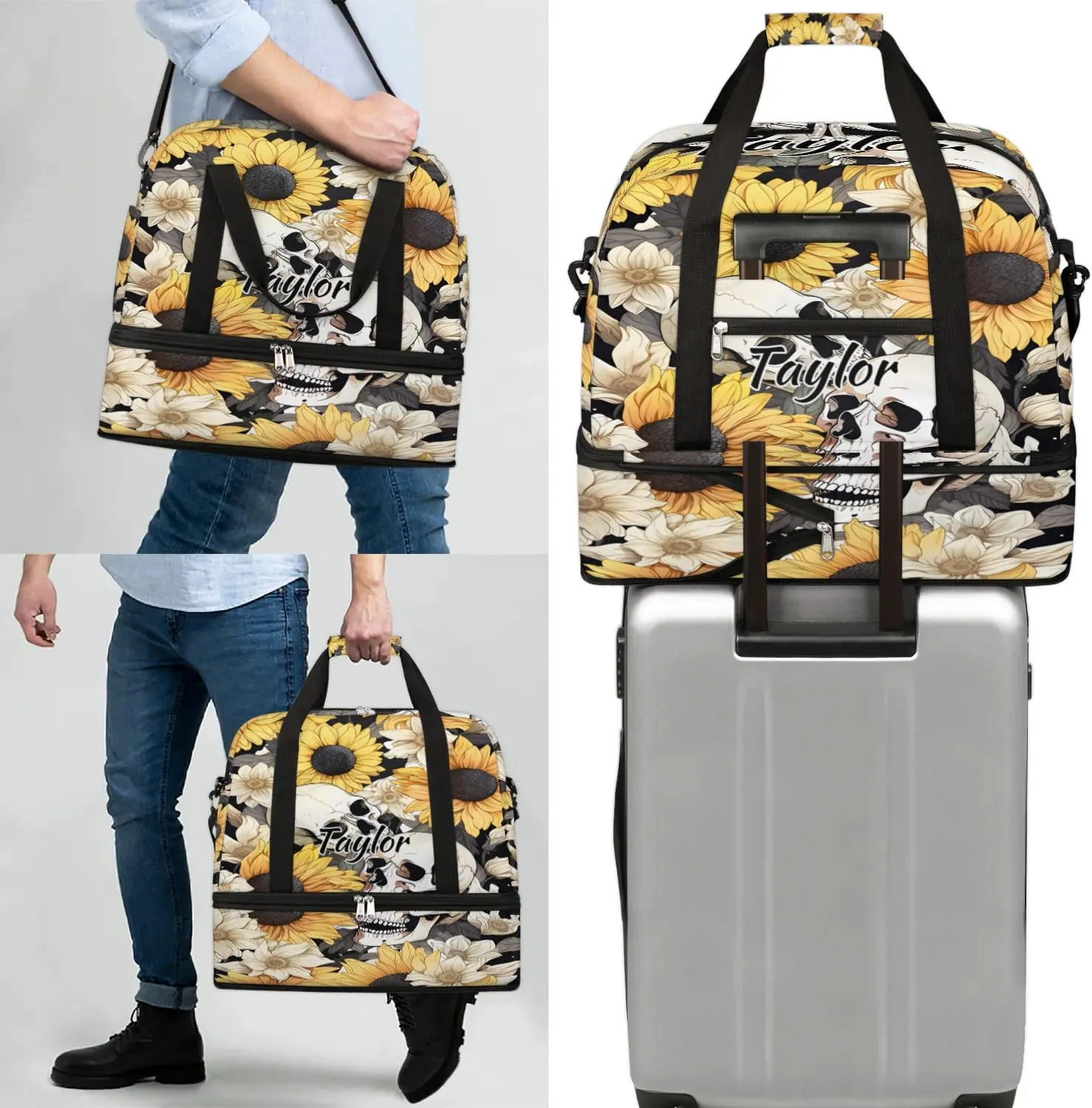 Customized Gym Bag for Women, Personalized Skull Travel Duffel Bag with Name, Sunflower Weekender Overnight Bag with Shoes Compartment for Men Travel Yoga
