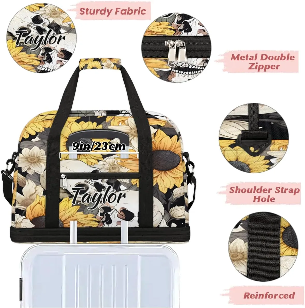 Customized Gym Bag for Women, Personalized Skull Travel Duffel Bag with Name, Sunflower Weekender Overnight Bag with Shoes Compartment for Men Travel Yoga
