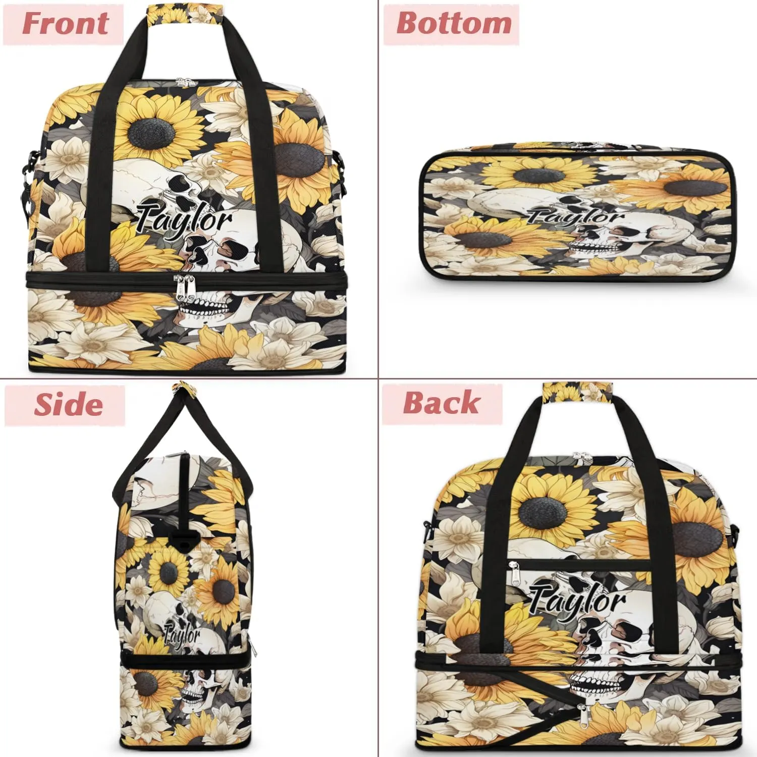 Customized Gym Bag for Women, Personalized Skull Travel Duffel Bag with Name, Sunflower Weekender Overnight Bag with Shoes Compartment for Men Travel Yoga