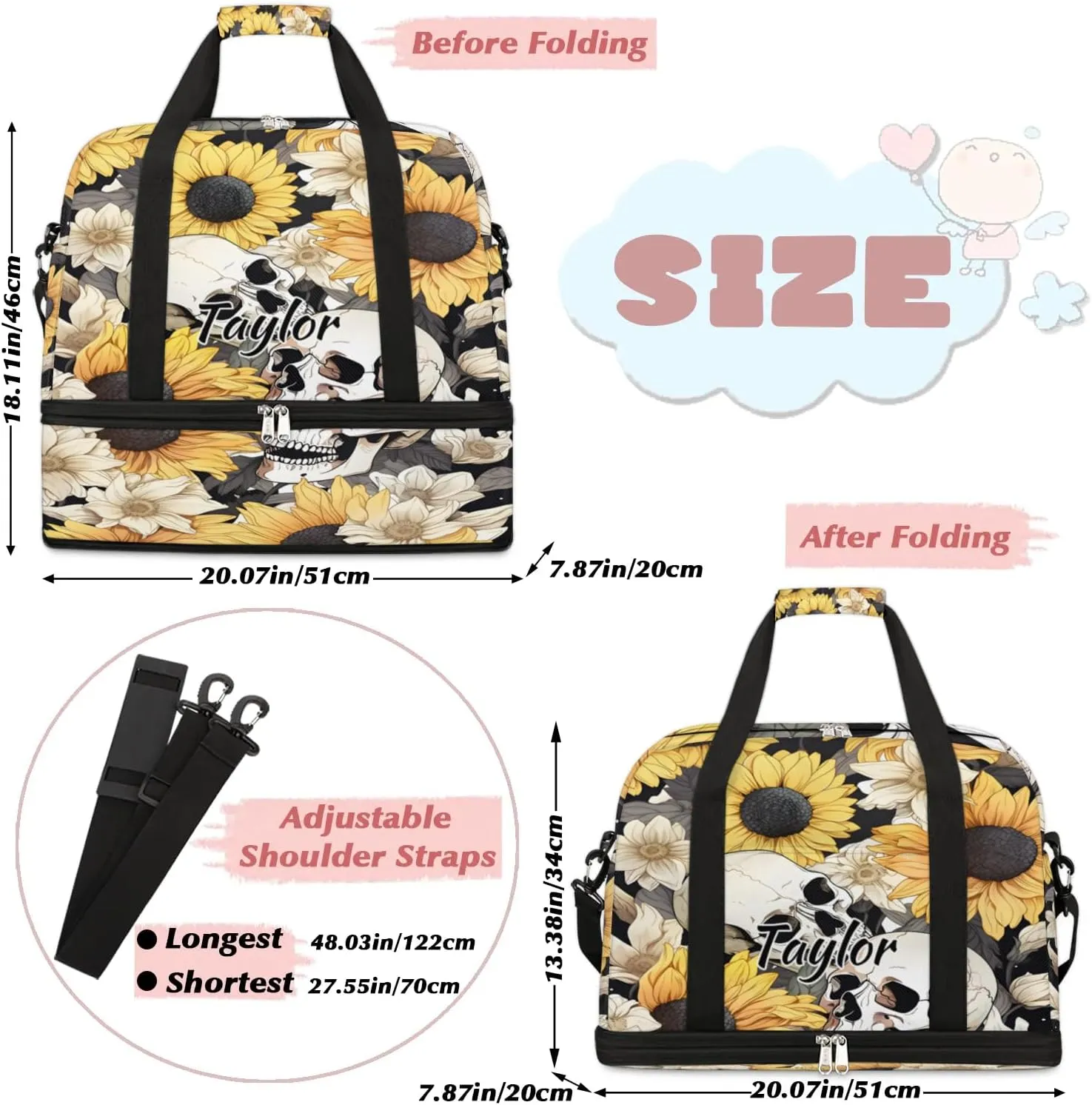 Customized Gym Bag for Women, Personalized Skull Travel Duffel Bag with Name, Sunflower Weekender Overnight Bag with Shoes Compartment for Men Travel Yoga