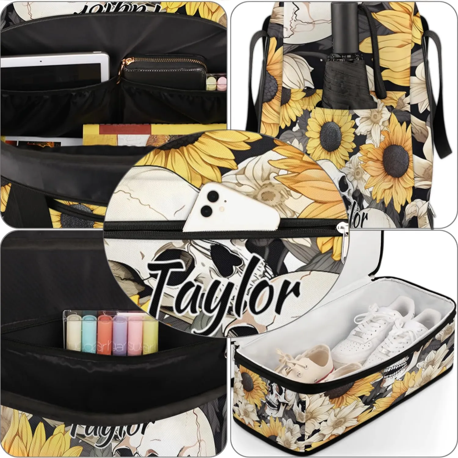 Customized Gym Bag for Women, Personalized Skull Travel Duffel Bag with Name, Sunflower Weekender Overnight Bag with Shoes Compartment for Men Travel Yoga