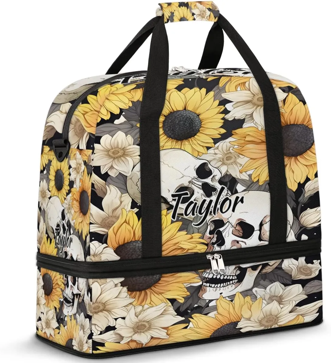 Customized Gym Bag for Women, Personalized Skull Travel Duffel Bag with Name, Sunflower Weekender Overnight Bag with Shoes Compartment for Men Travel Yoga
