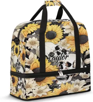 Customized Gym Bag for Women, Personalized Skull Travel Duffel Bag with Name, Sunflower Weekender Overnight Bag with Shoes Compartment for Men Travel Yoga