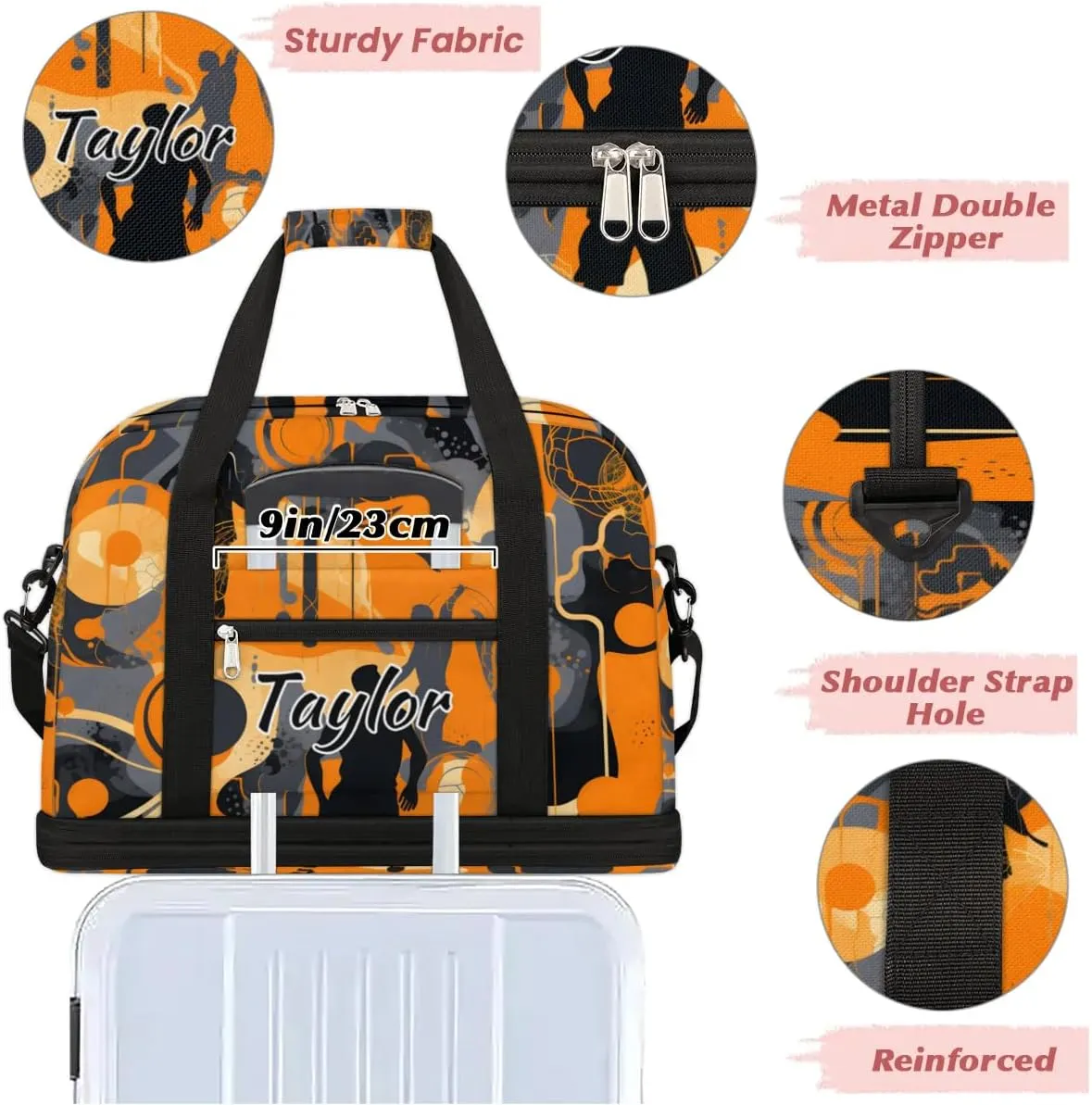 Customized Gym Bag for Women, Personalized Sports Theme Travel Duffel Bag with Name, Sports Weekender Overnight Bag with Shoes Compartment for Men Travel Yoga
