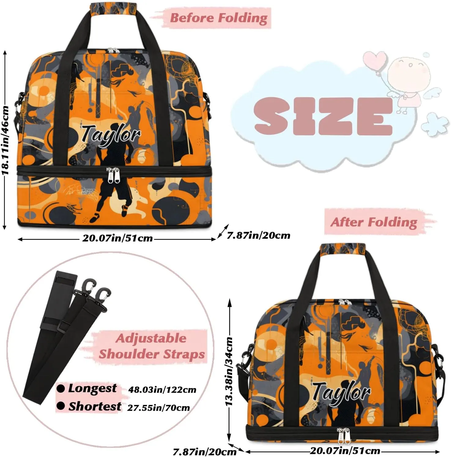 Customized Gym Bag for Women, Personalized Sports Theme Travel Duffel Bag with Name, Sports Weekender Overnight Bag with Shoes Compartment for Men Travel Yoga