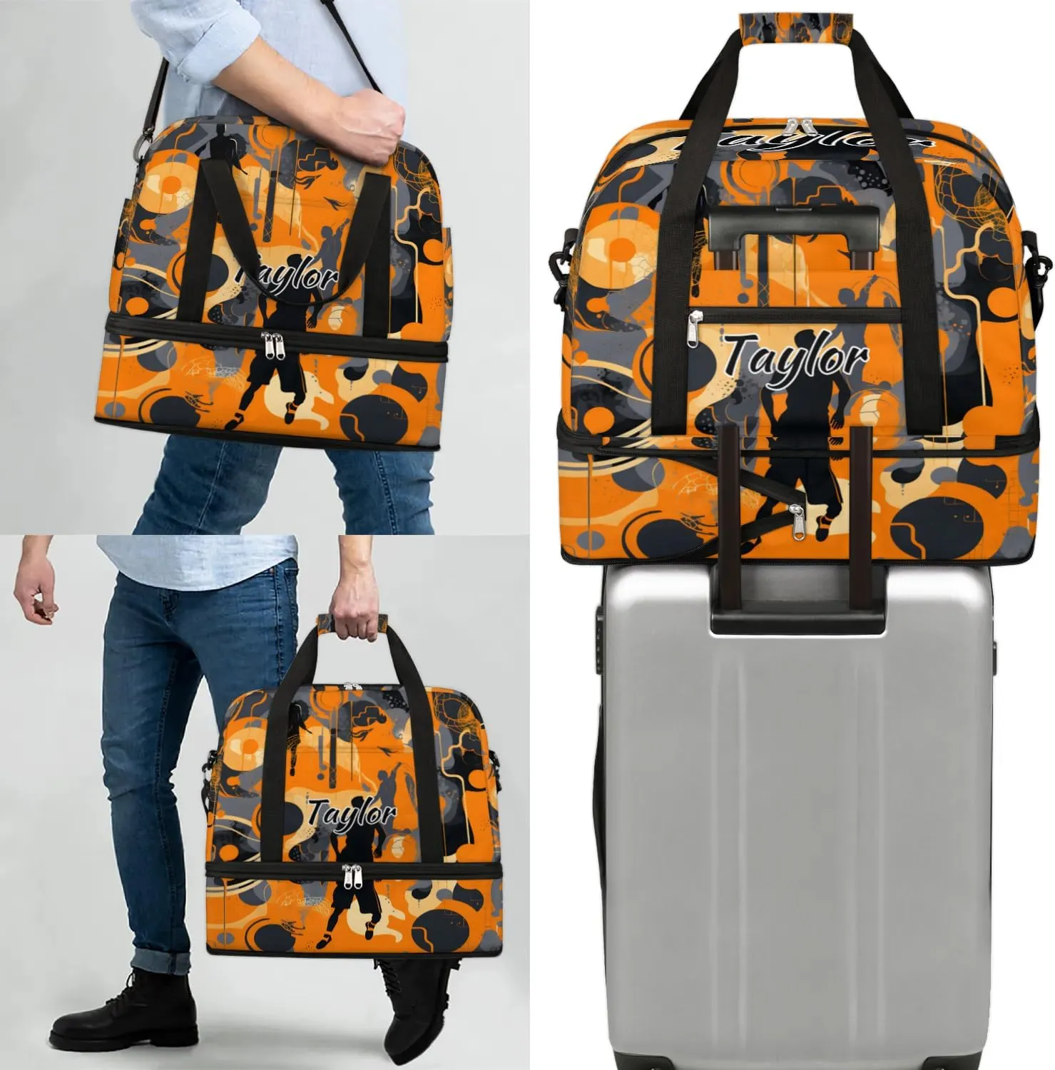 Customized Gym Bag for Women, Personalized Sports Theme Travel Duffel Bag with Name, Sports Weekender Overnight Bag with Shoes Compartment for Men Travel Yoga