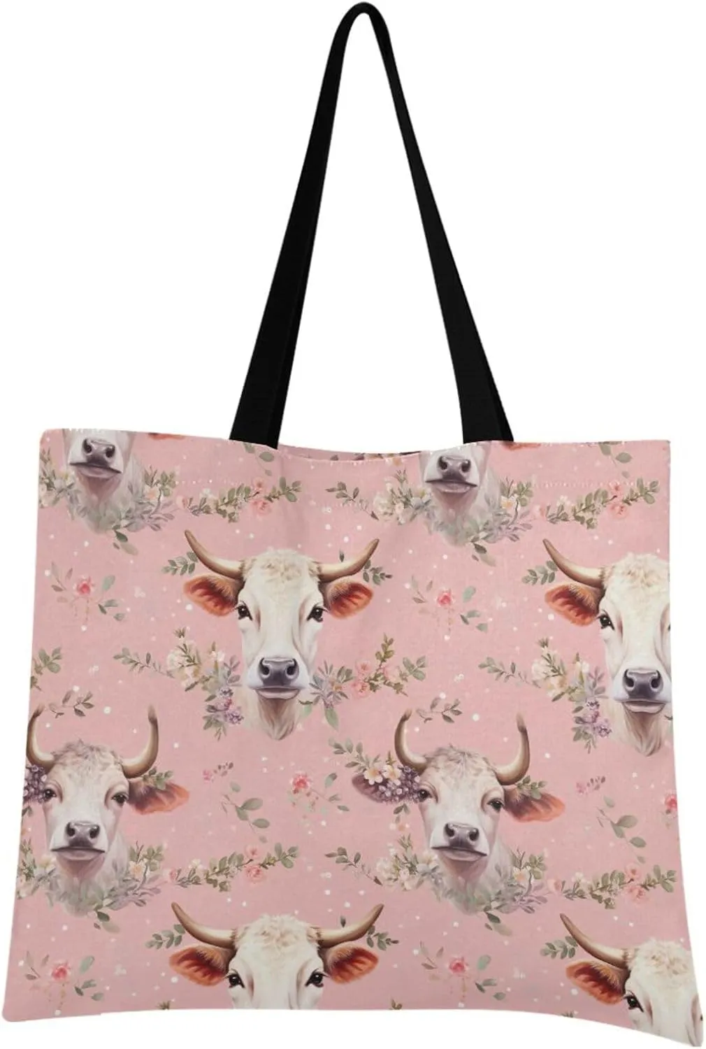 Cute Cows Flower Tote Bag for Women Canvas Shoulder Handbags Reusable Grocery Bags Large Purse with Inner Pocket 214a7392