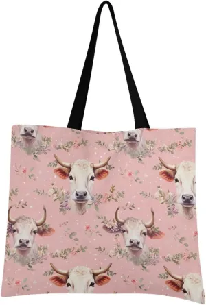 Cute Cows Flower Tote Bag for Women Canvas Shoulder Handbags Reusable Grocery Bags Large Purse with Inner Pocket 214a7392