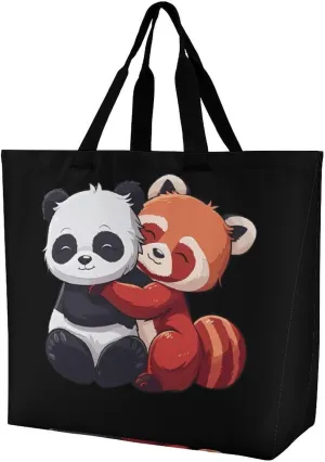 Cute Panda and Red Panda Women's Shoulder Shopping Bags Foldable Tote Bag Large Capacity Handbag for Work Travel