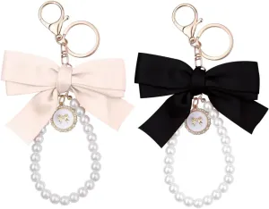 Cute Pearl Bow Keychains Wristlet for Women Girls Faux Pearl Wristlet Keychain for Women Bow Keychain Accessories