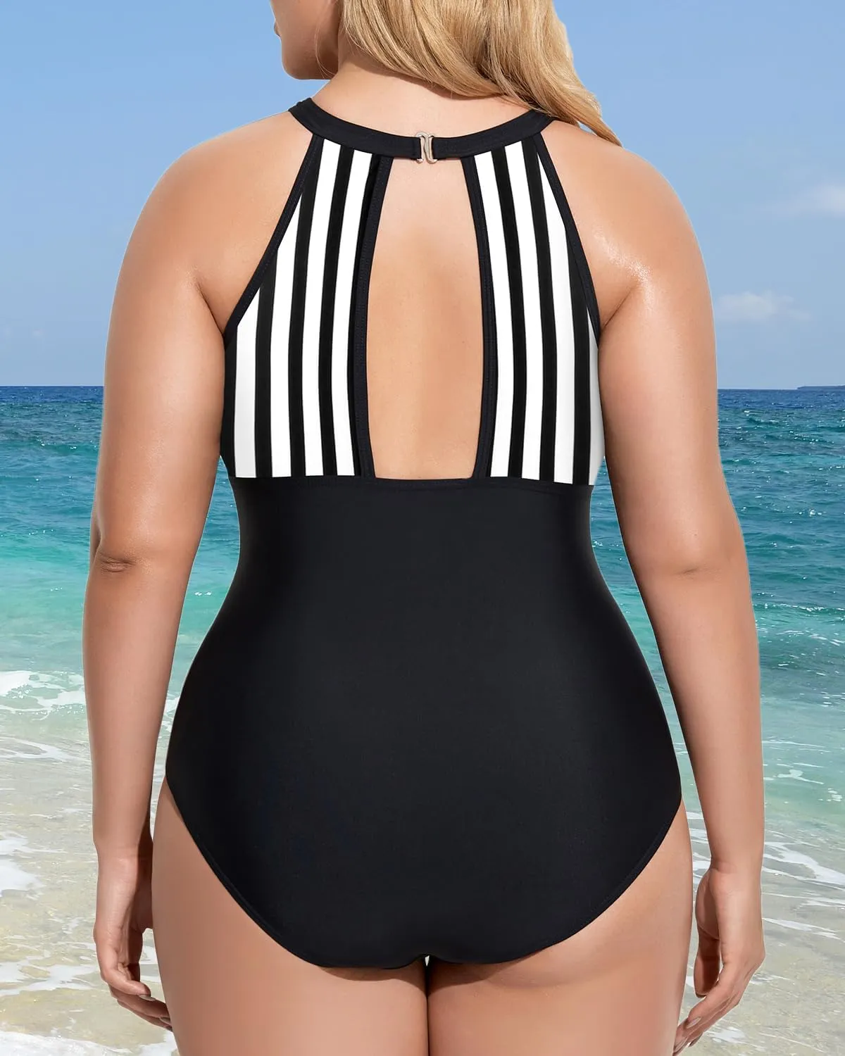 Daci Plus Size One Piece Swimsuit for Women High Neck Plunge Mesh Cut Out Bathing Suits