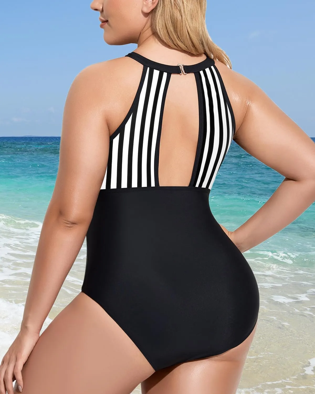 Daci Plus Size One Piece Swimsuit for Women High Neck Plunge Mesh Cut Out Bathing Suits