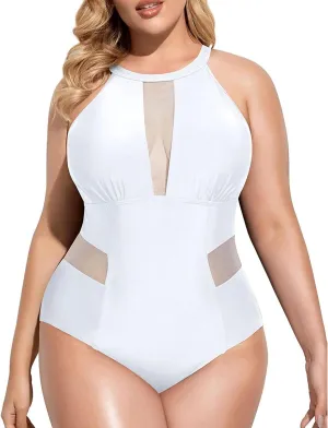 Daci Plus Size One Piece Swimsuit for Women High Neck Plunge Mesh Cut Out Bathing Suits