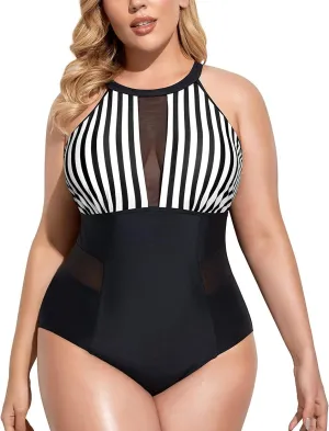 Daci Plus Size One Piece Swimsuit for Women High Neck Plunge Mesh Cut Out Bathing Suits