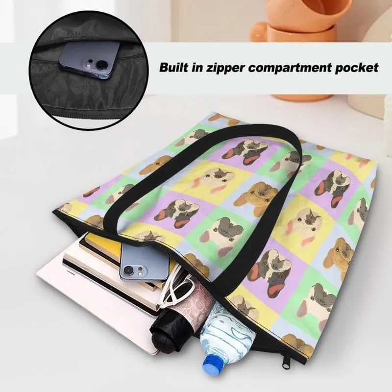 Daisy Flower Eco-Friendly Paper Tote Bag, French Bulldog Collie Dog Reusable Handbag Leopard Tote Bag for Women