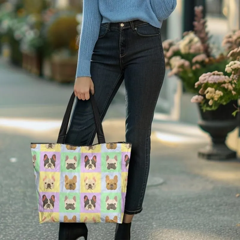 Daisy Flower Eco-Friendly Paper Tote Bag, French Bulldog Collie Dog Reusable Handbag Leopard Tote Bag for Women