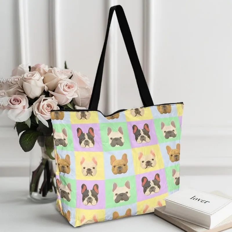 Daisy Flower Eco-Friendly Paper Tote Bag, French Bulldog Collie Dog Reusable Handbag Leopard Tote Bag for Women